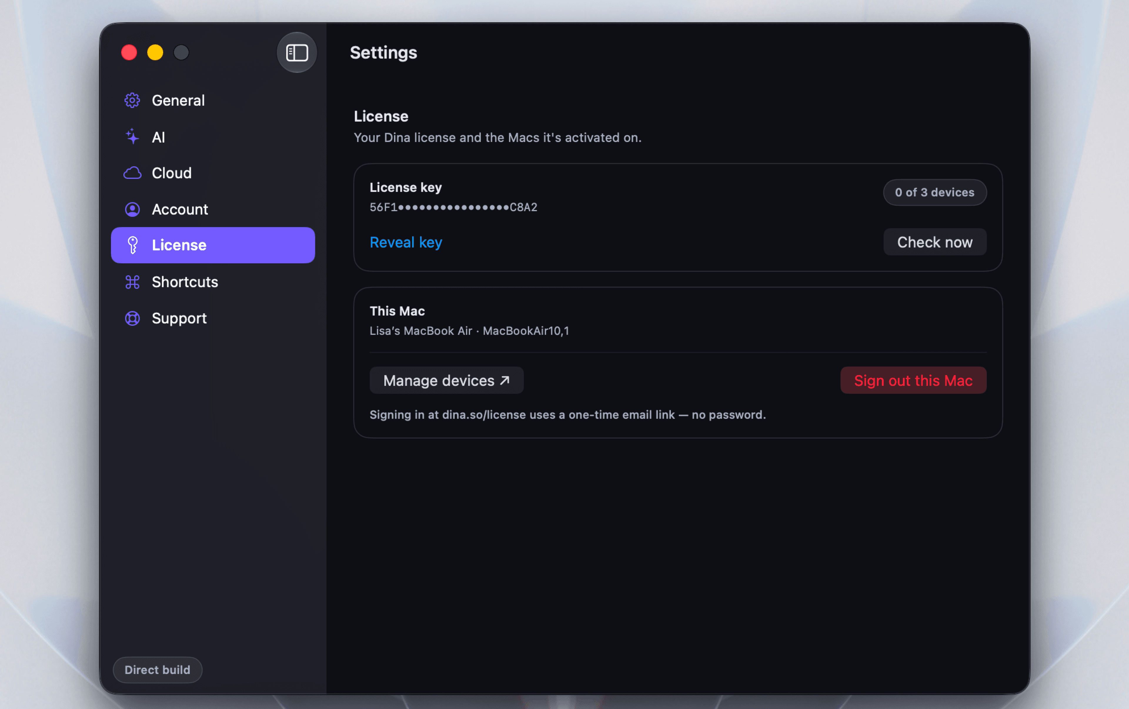 Manage licenses and connected devices in Dina