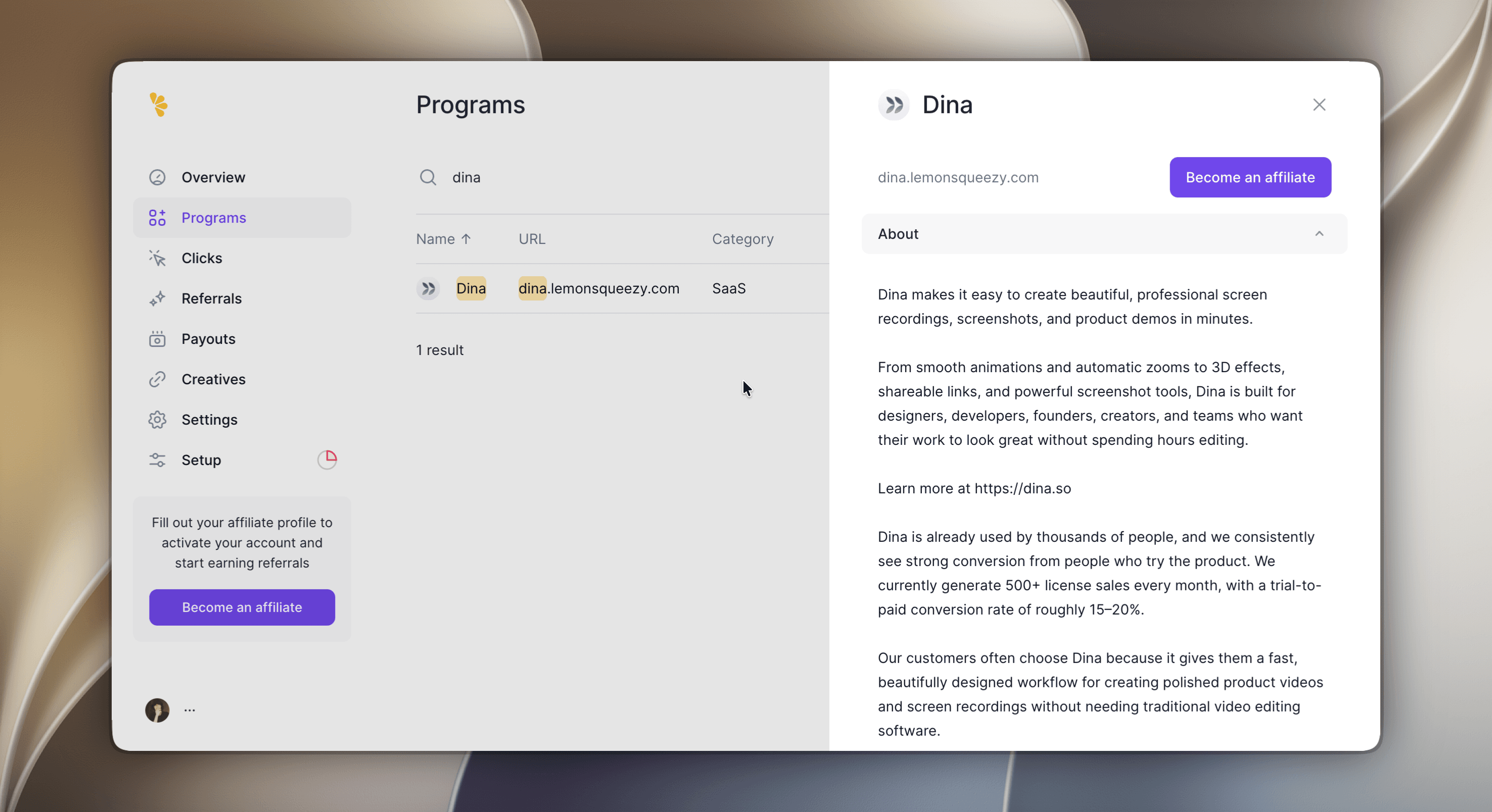 Dina in Lemon Squeezy’s Programs list, with the Become an affiliate button in the program details panel.