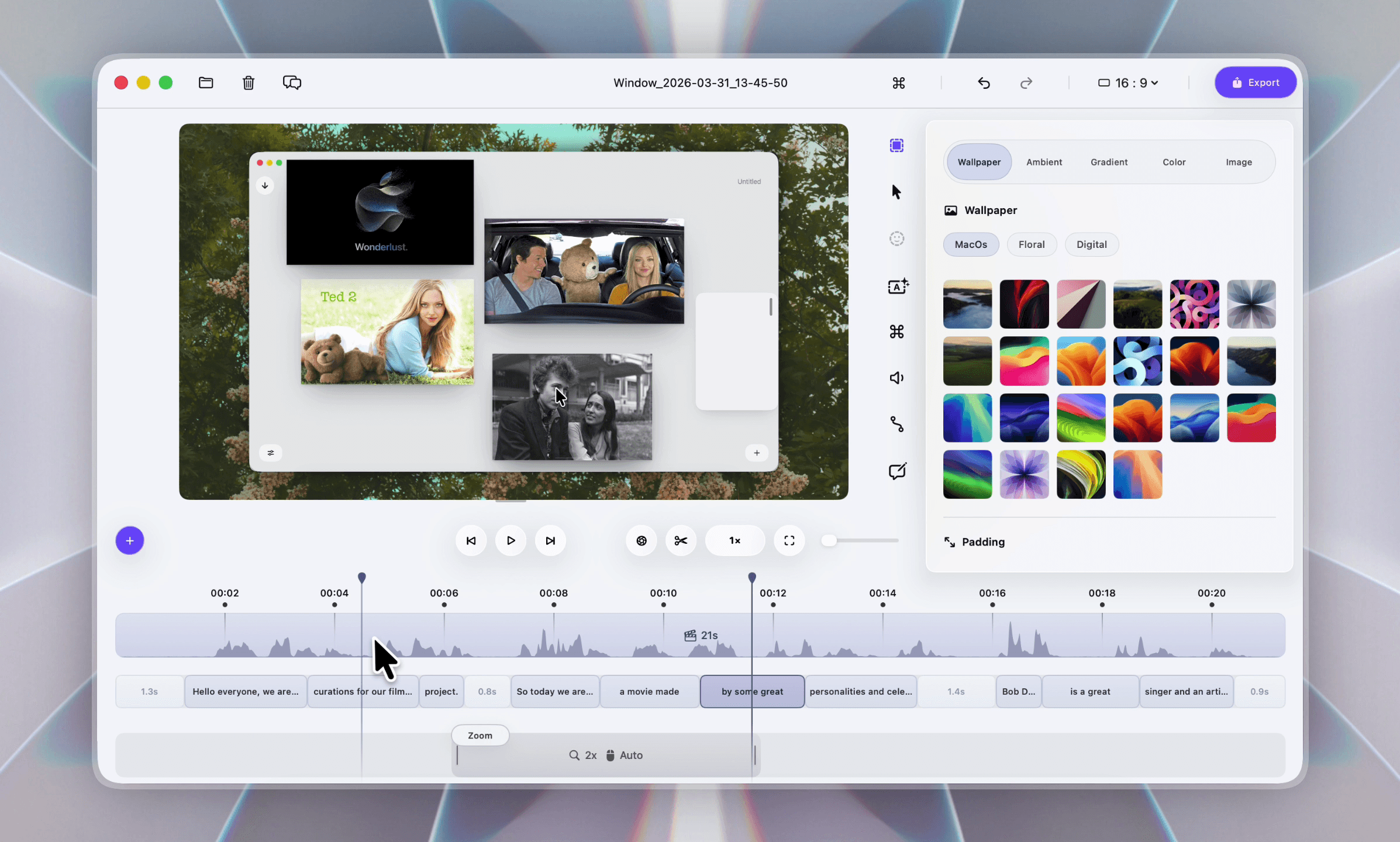 Automatic cursor zoom in a Dina screen recording